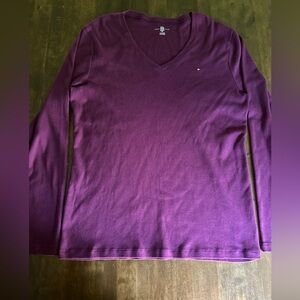 Tommy Hilfiger Womens Long Sleeve Tee Top‎ XXL Burgundy Fall Classic V Neck